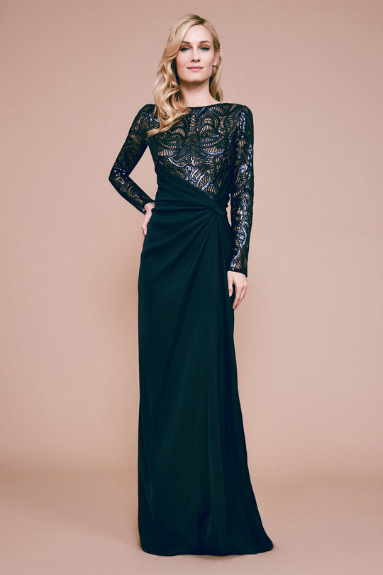 Tadashi Shoji - Amir Long-Sleeve Crepe Sequin Gown In Blue and Neutral