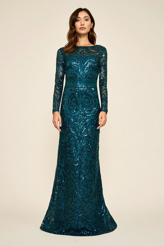 Tadashi Shoji - Fabia Long Sleeve Sequined Bateau Gown In Green