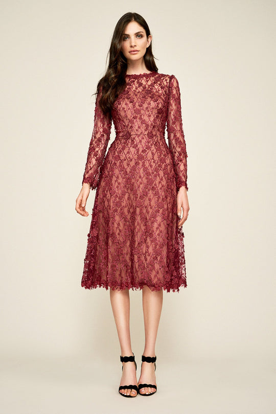 Tadashi Shoji - Floral Applique Long Sleeve A-line Dress In Red and Neutral