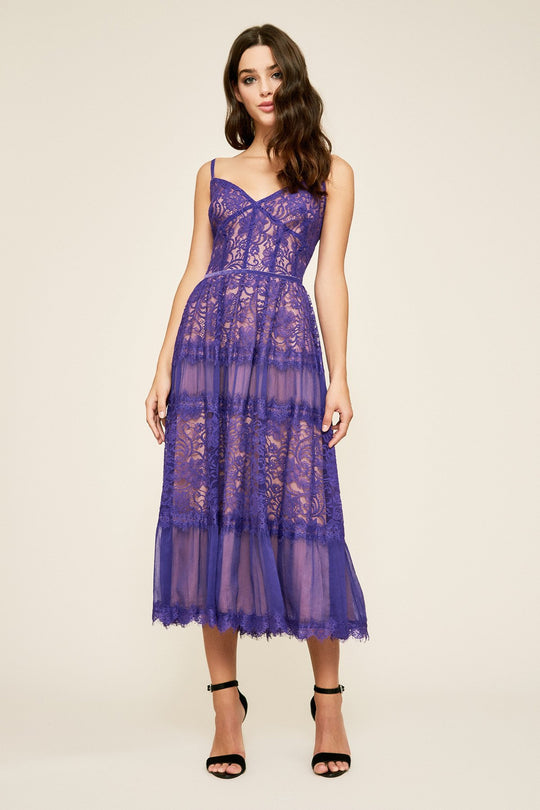 Tadashi Shoji - Lace V-neck A-line Tea Length Dress In Purple and Neutral