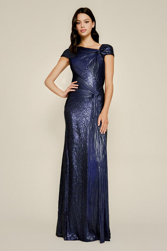 Tadashi Shoji - Embellished Asymmetric Neck Sheath Dress In Blue