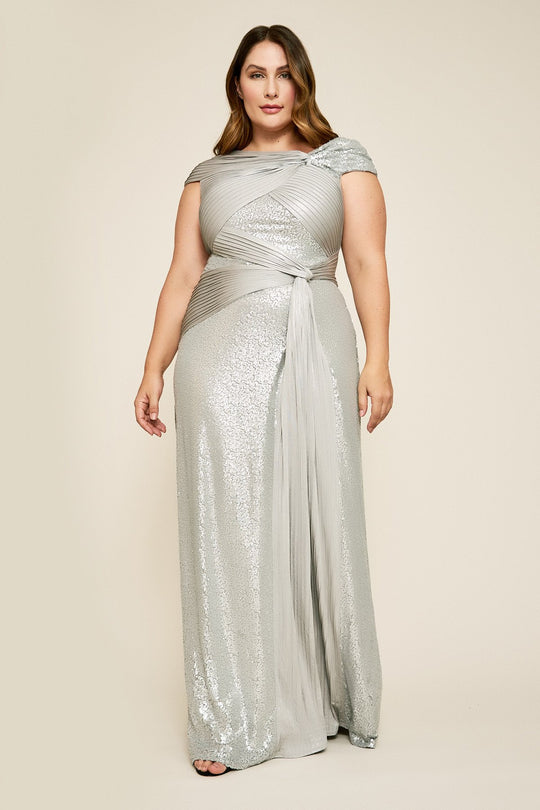 Tadashi Shoji - Embellished Long Sheath Dress In Silver