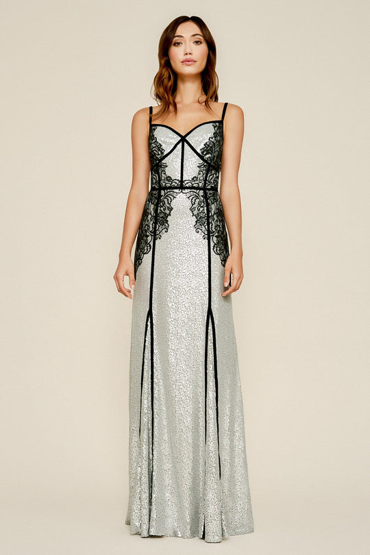 Tadashi Shoji - Sequined Lace V-neck Sheath Dress In Silver and Black