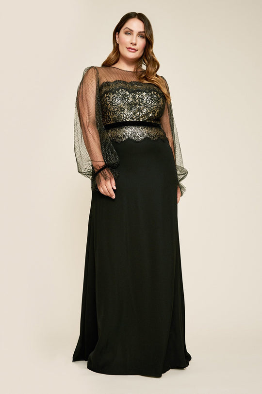 Tadashi Shoji - Sequined Lace Illusion Neck Sheath Gown In Black and Gold