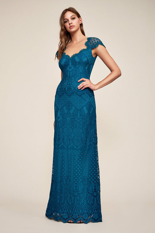 Tadashi Shoji - Lace Scalloped Sweetheart Sheath Dress In Blue and Green