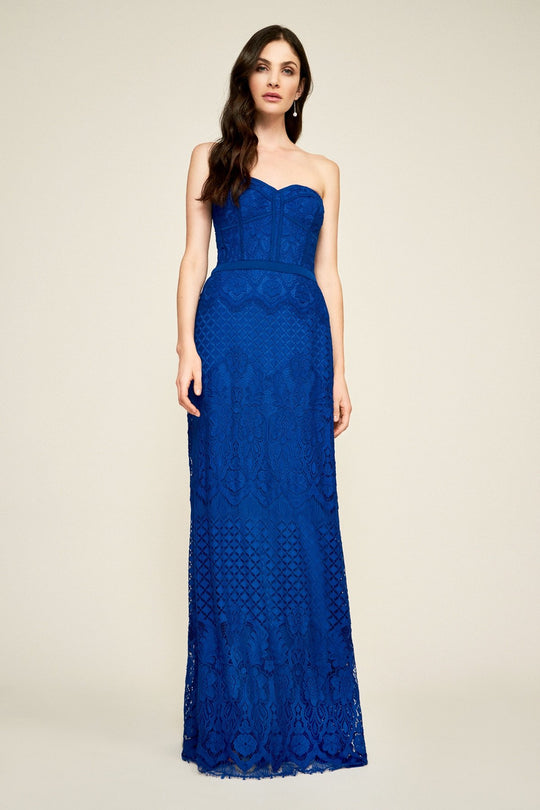 Tadashi Shoji - Strapless Lace Embroidered Sheath Dress In Blue