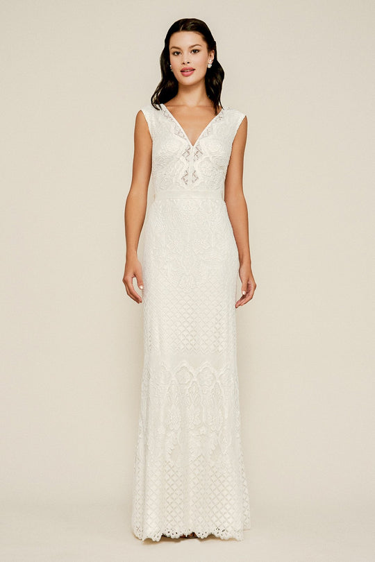 Tadashi Shoji - Fully Lace V-neck Sheath Dress In White
