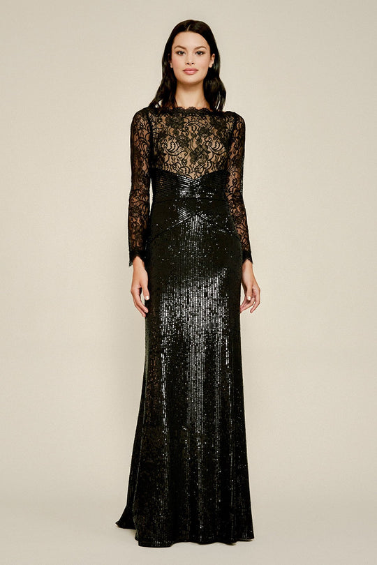 Tadashi Shoji - Lace Scalloped Bateau Sequined Fitted Dress In Black and Neutral