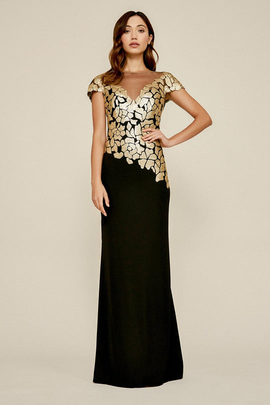 Tadashi Shoji - Bedazzled Bateau Sheath Dress In Black and Gold