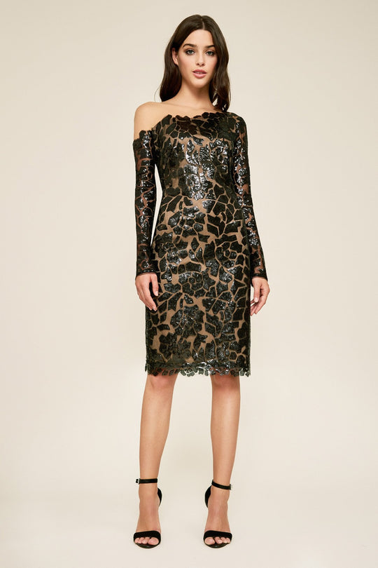 Tadashi Shoji - Embellished Long Sleeve Sheath Dress In Black and Neutral
