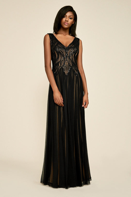 Tadashi Shoji - Sequined Plunging V-neck A-line Gown In Black and Neutral