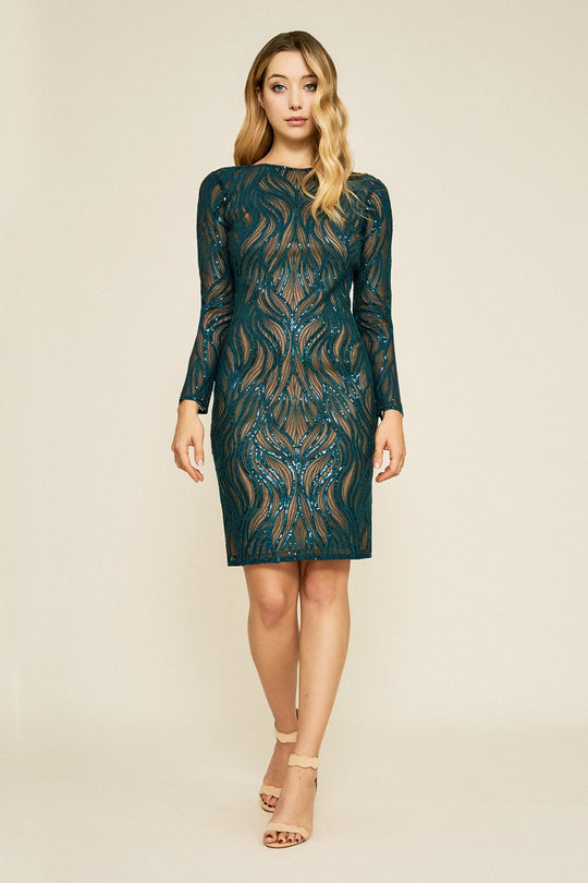 Tadashi Shoji - Embellished Long Sleeve Bateau Sheath Dress In Green and Neutral