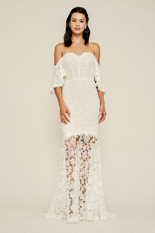 Tadashi Shoji - Lace Embroidered Off-Shoulder Trumpet Gown In White and Neutral