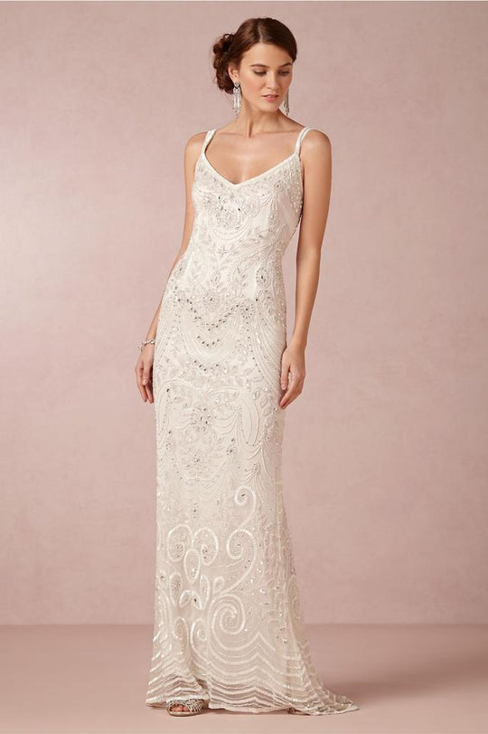 Theia - 890046 Intricately Sequined Illusion Sheath Gown In Ivory
