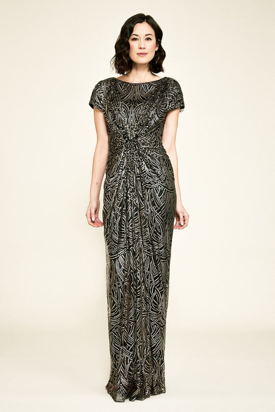 Tadashi Shoji - Sequined Short Sleeves Column Gown In Black and Gold