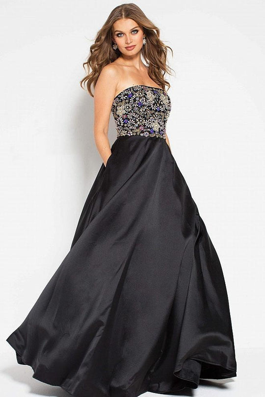 48975 Multi-Colored Beaded Straight Neck A-line Dress