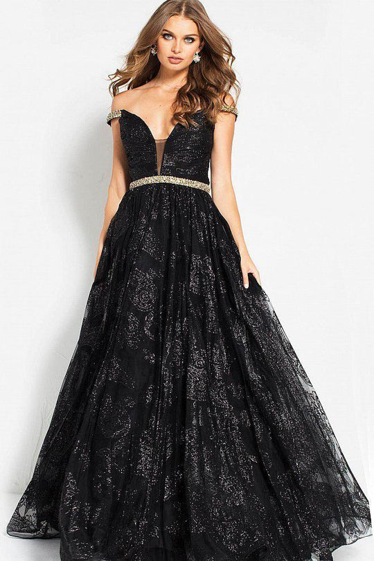 51817 Plunging Off-Shoulder Pleated Gown