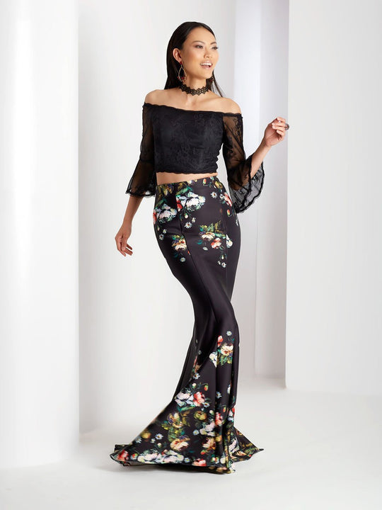 Clarisse Prom - 3566 Lace Bell Sleeve Floral Prom Dress in Black and Print