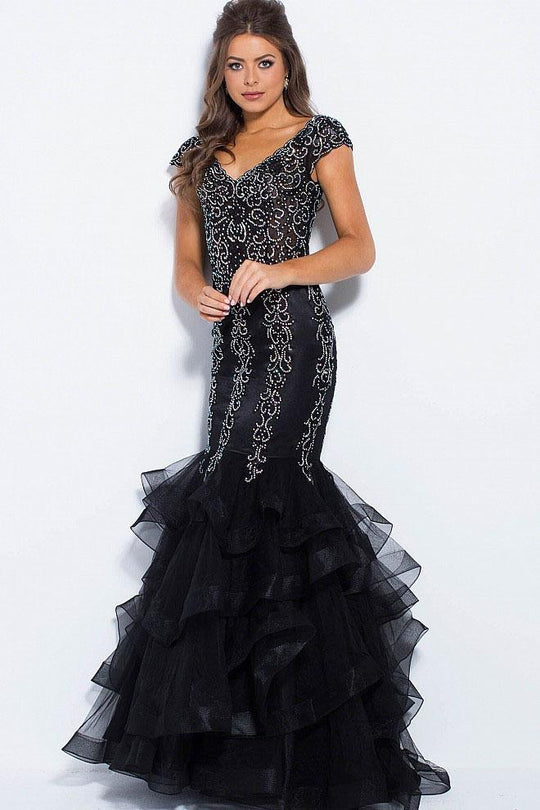 Embellished Wide V-neck Tiered Mermaid Dress JVN55878 In Black