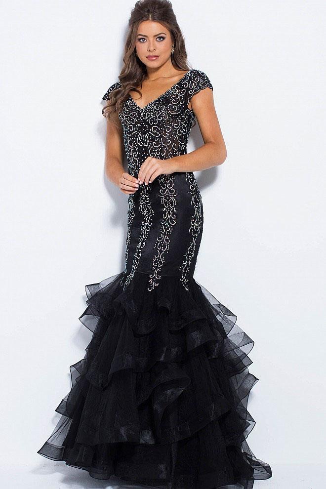 JVN55878 Embellished Wide V-neck Tiered Mermaid Dress