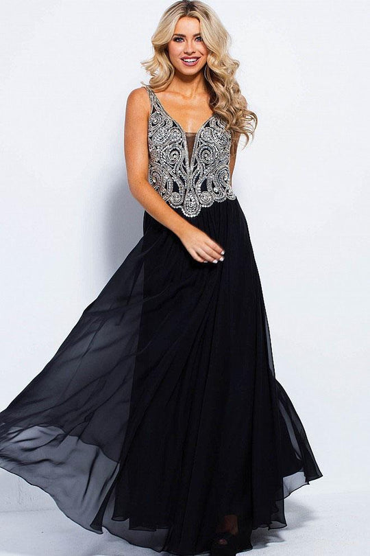 JVN53126 Embroidered Plunging Chiffon Dress