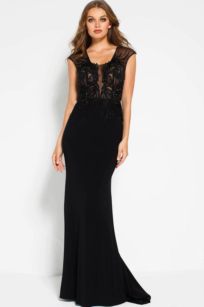 48738 Cap Sleeve Embroidered Mesh Bodice Gown
