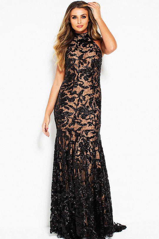 54807 Sequined High Halter Sheath Dress