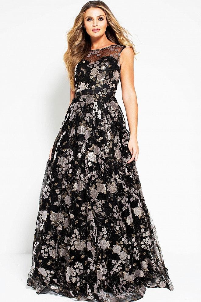 52272 Floral Embroidered A-Line Evening Dress