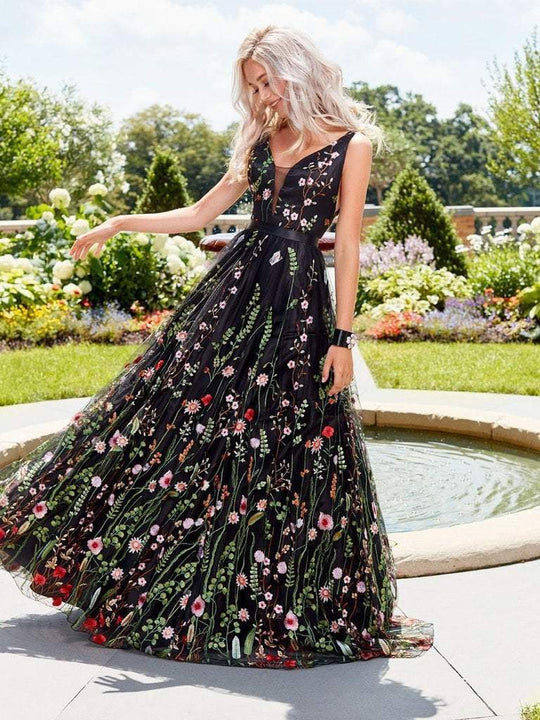 Clarisse - Plunging V-Neck Floral Tulle A-Line Gown 3565 In Black and Multi-Color