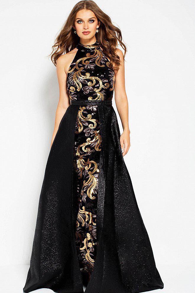 54815 Halter Neck Sequined Sheath Gown with Overskirt