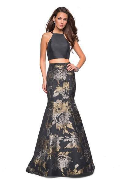 La Femme - 27083 Two Piece Halter Jacquard Mermaid Dress In Black and Gold