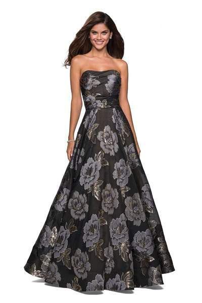 La Femme - 27207 Floral Metallic Strapless A-Line Gown In Black and Gold
