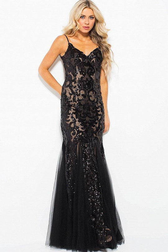 JVN53214 Sequin Embellished V Neck Gown