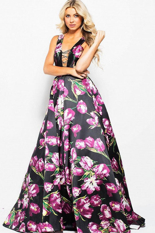 JVN58389 Lace Up Plunging Neck Floral Print Ballgown