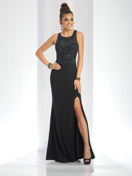 Clarisse - Sleeveless Iridescent Lace Detail Evening Gown 3498 In Black