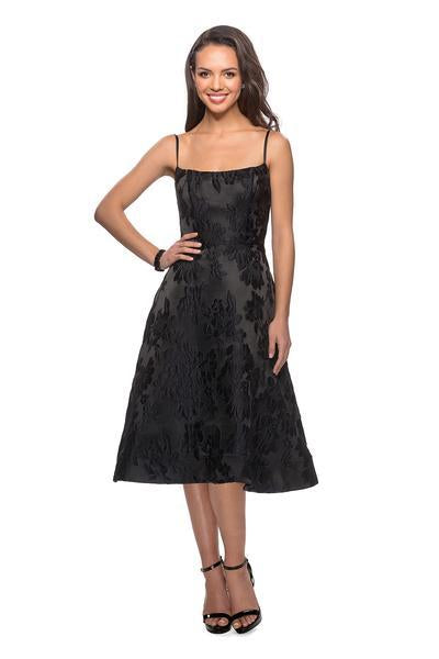 La Femme - 27748 Spaghetti Strap Floral Jacquard A-Line Dress In Black