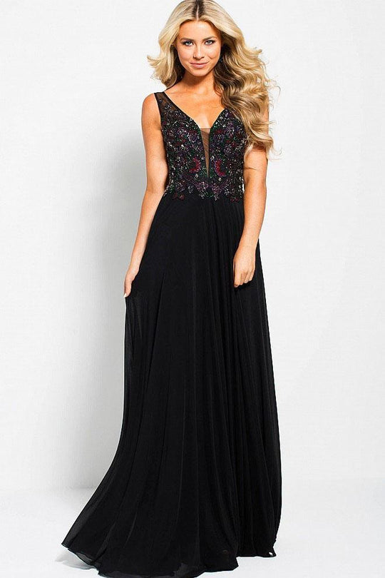 JVN53119 Plunging V-neck Beaded A-line Gown