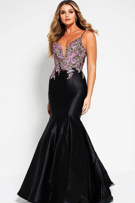58401 Floral Embroidered Deep V-neck Satin Mermaid Dress
