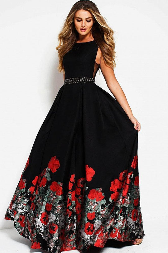 48370 Embellished Bateau Neck Floral Print Evening Dress