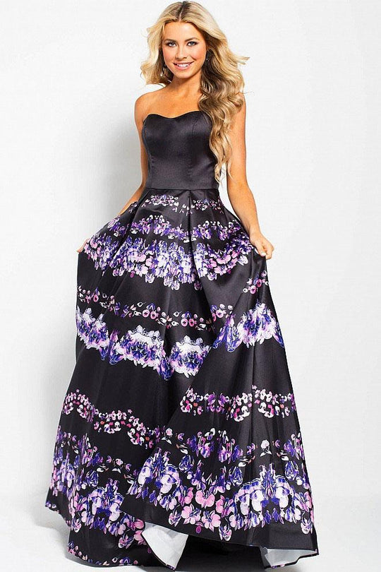 JVN58589 Strapless Print Pleated Ballgown