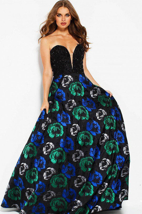 43098 Beaded Deep Sweetheart Floral Print Evening Dress