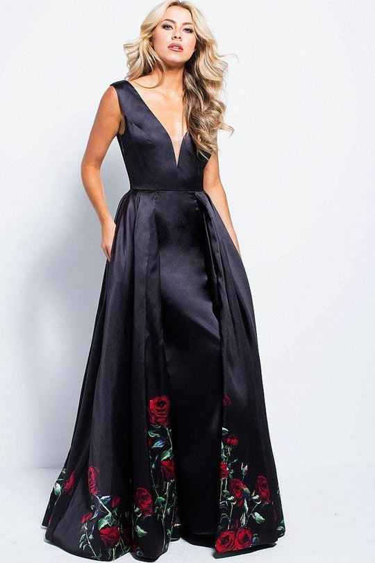 JVN53196 Deep V-Neck Floral Print Pleated Ballgown