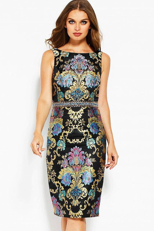 53035 Multi-Colored Jacquard Bateau Sheath Dress