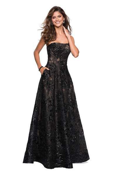 La Femme - 27164 Sequined Lace Strapless A-line Dress In Black and Neutral
