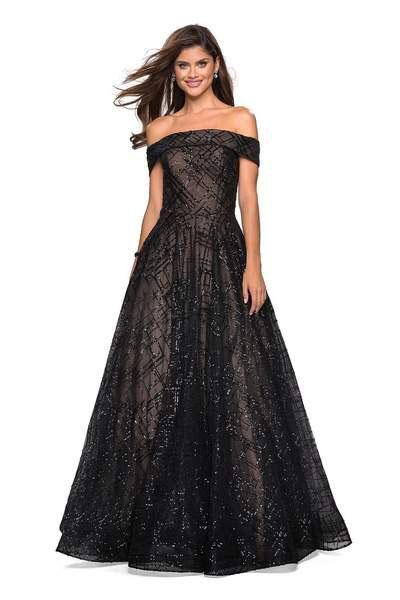 La Femme - 27577 Lattice Sequined Off Shoulder A-Line Gown In Black and Neutral
