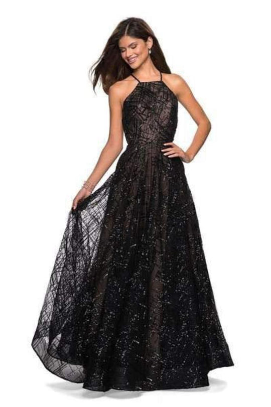 La Femme - 27451 Sequined Lattice High Halter A-Line Gown In Black and Neutral