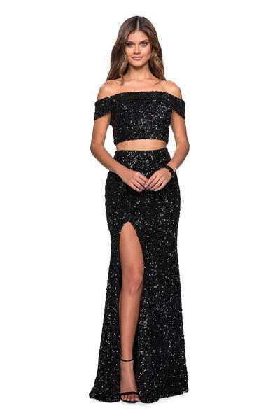 La Femme - 27020 Two Piece Off-Shoulder Sequined Gown In Black