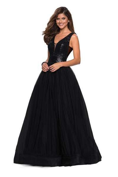 La Femme - 27336 Sequined Deep V-neck Tulle Ballgown In Black