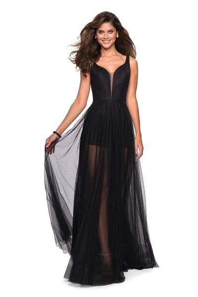 La Femme - 27457 Sequined Deep V-neck A-line Dress With Shorts In Black