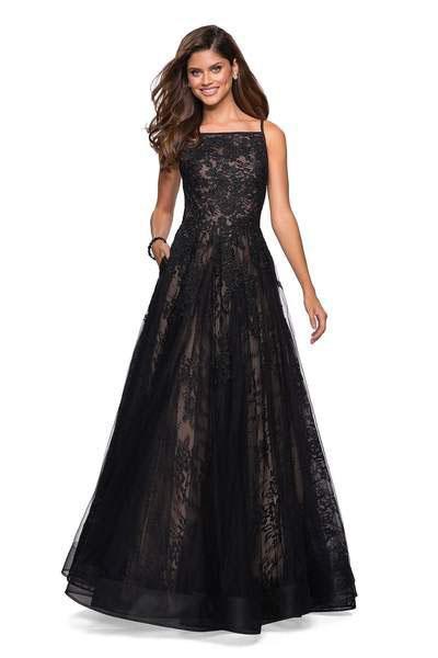 La Femme - 27488 Lace Straight Neck Tulle A-line Dress In Black